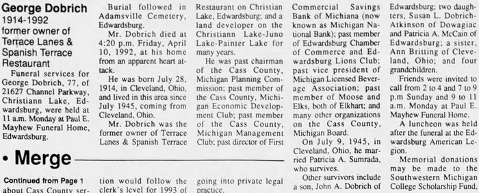 Terrace Lanes (on Christiana Lake) - Apr 16 1992 Former Owner Passes Away